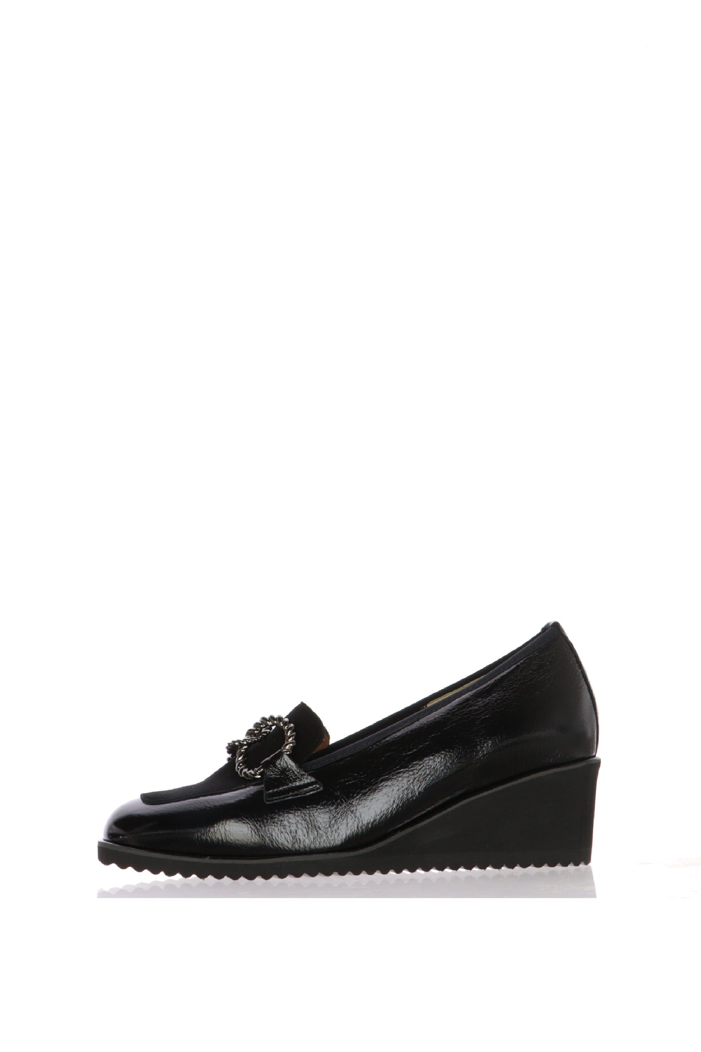 Mocassino scollato nero in pelle con catena plantare estraibile  Anastasio