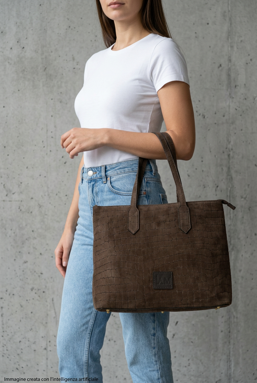 Borsa Shopping I AM in vera pelle marrone stampa Cocco con tracolla 2