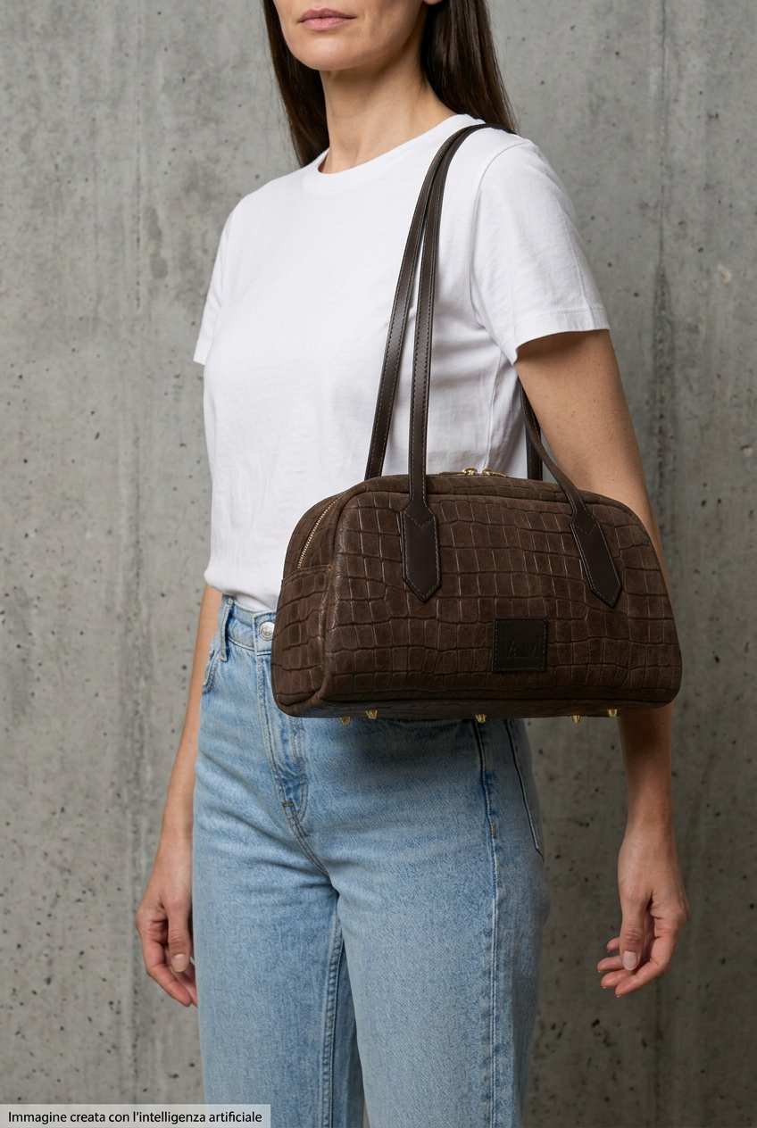 Borsa baguette marrone cioccolato I AM in vera pelle stampa cocco