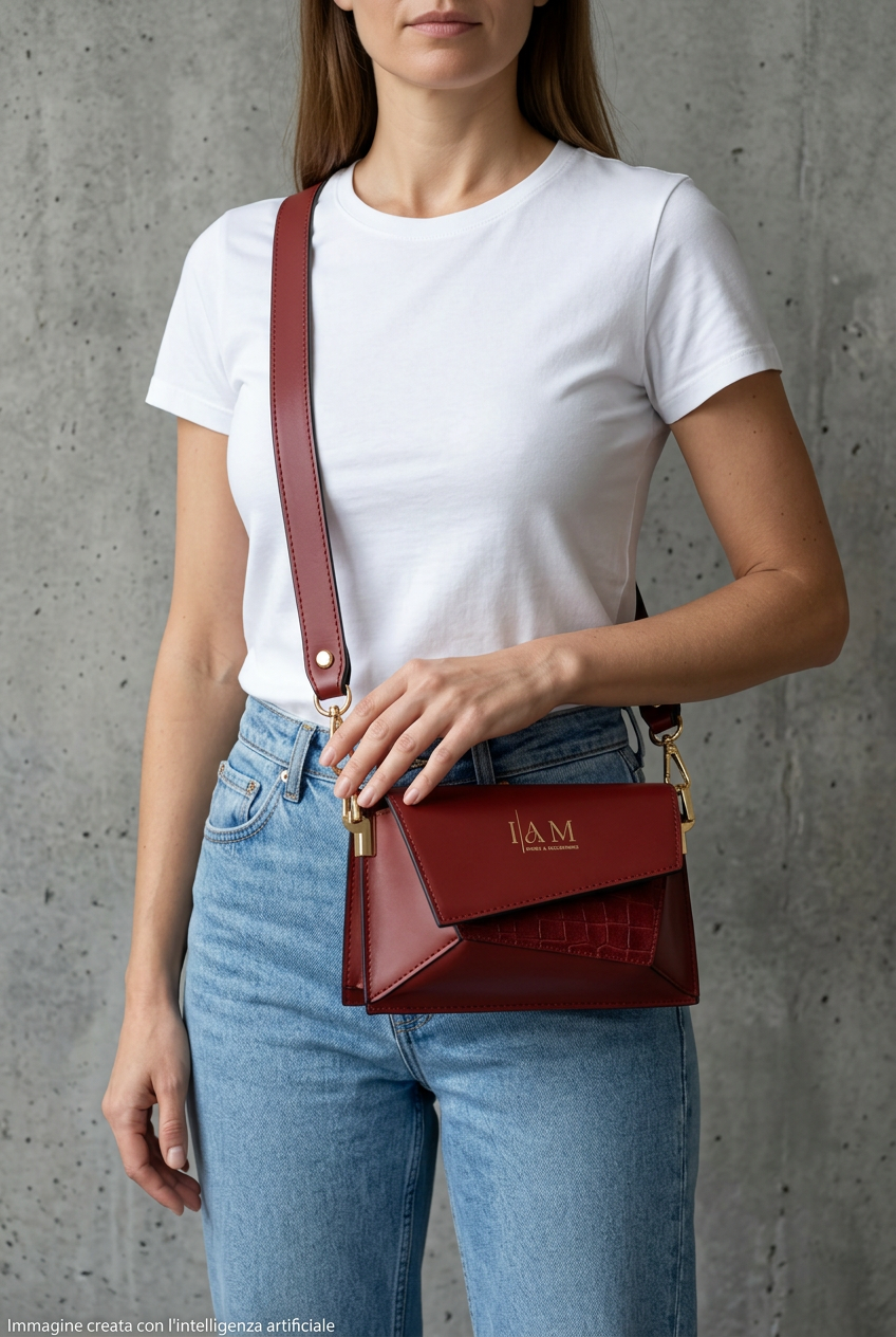 Borsa piccola design geometrico I AM in vera pelle bordeaux 2