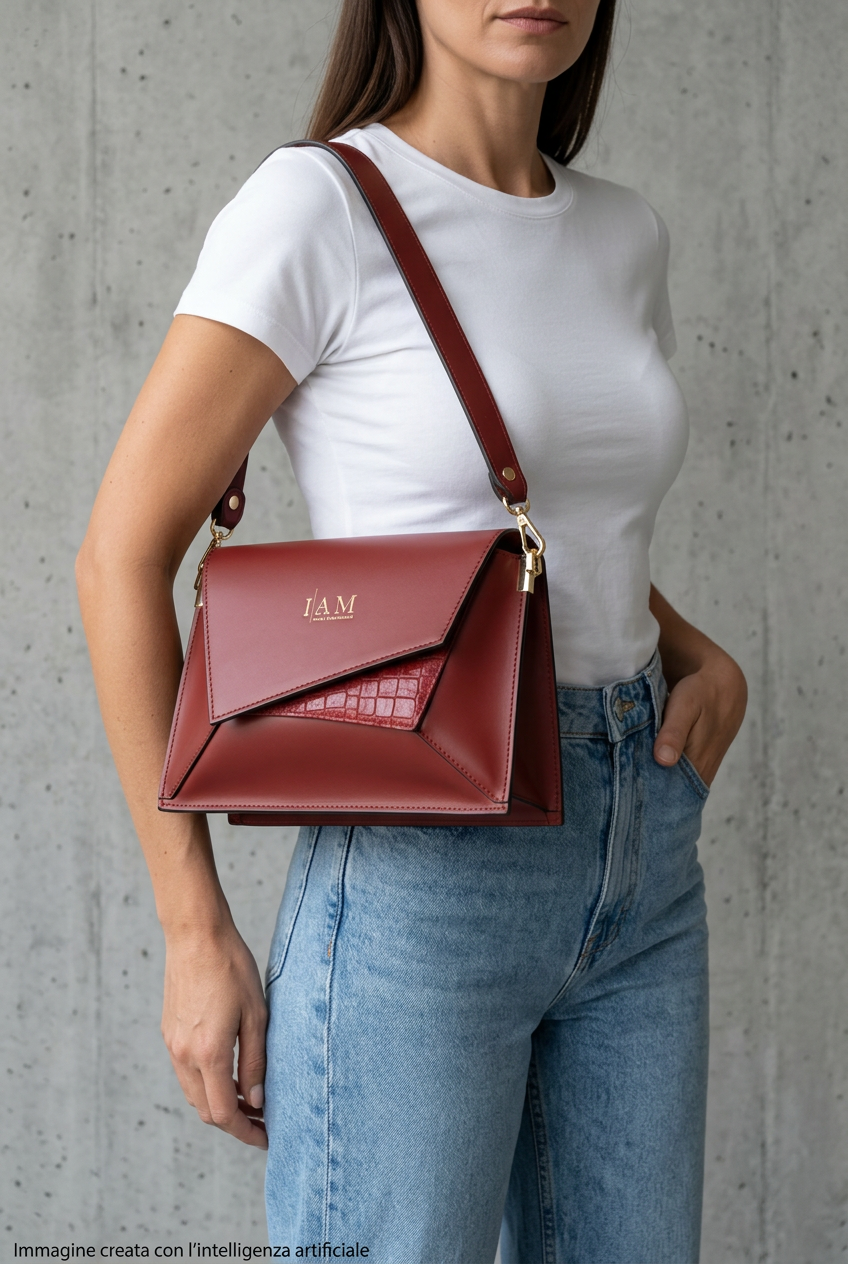 Borsa grande design geometrico I AM in vera pelle bordeaux