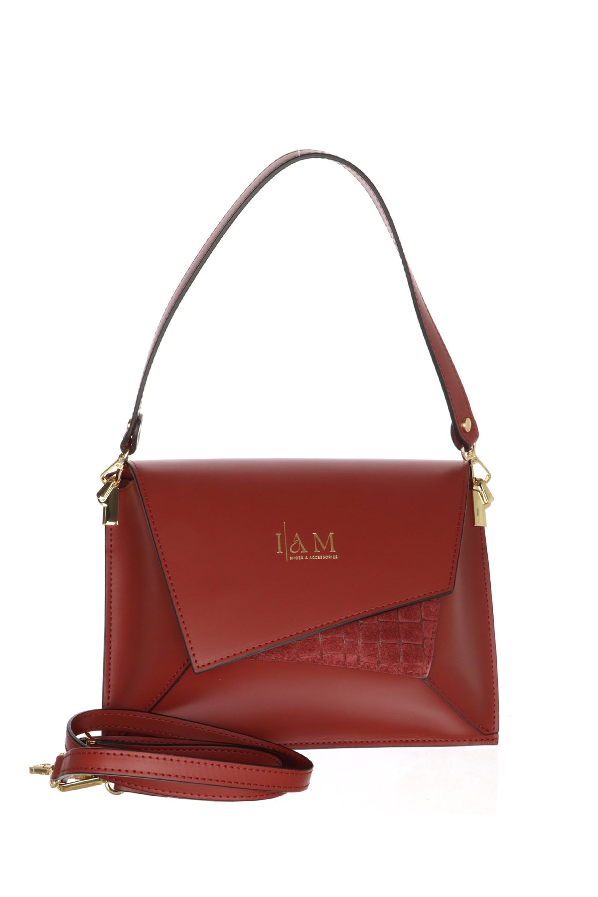 Borsa grande design geometrico I AM in vera pelle bordeaux