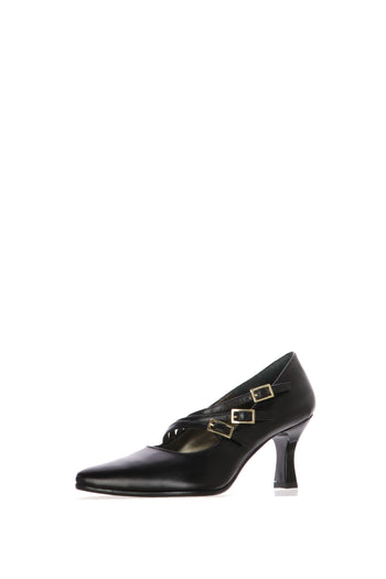 Decolletè in pelle nera tre sottili fascette con fibbie Soffice Sogno - 3