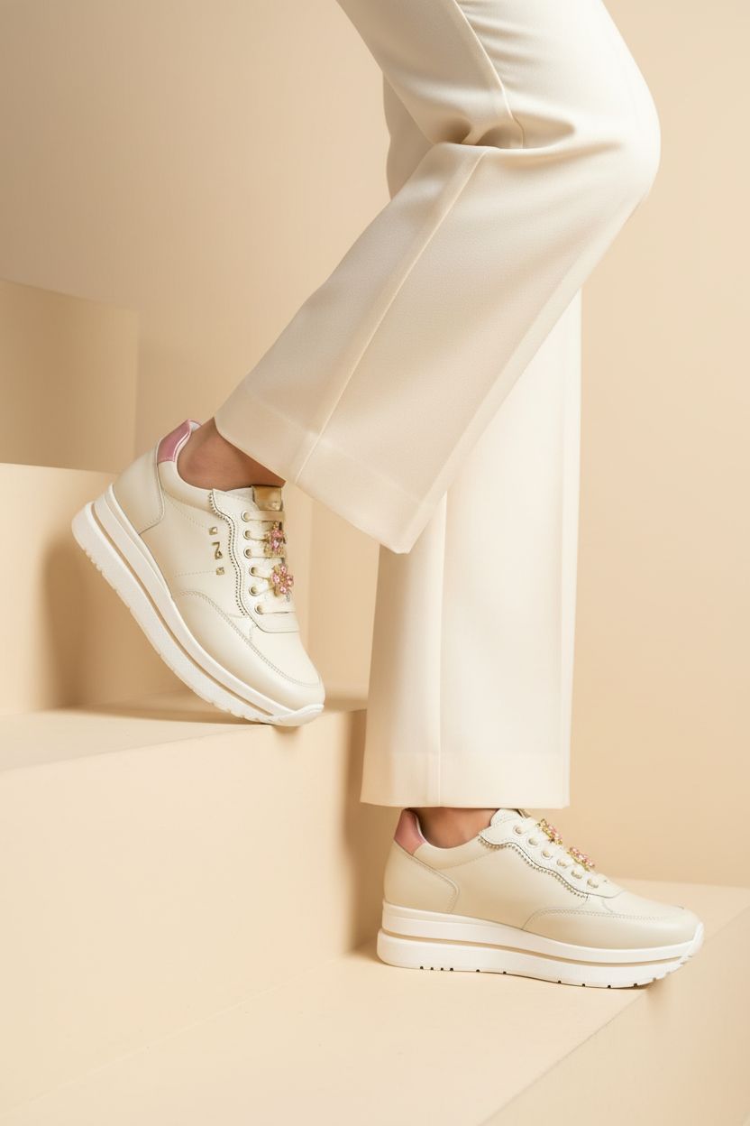 Sneakers in pelle panna con gioielli 2