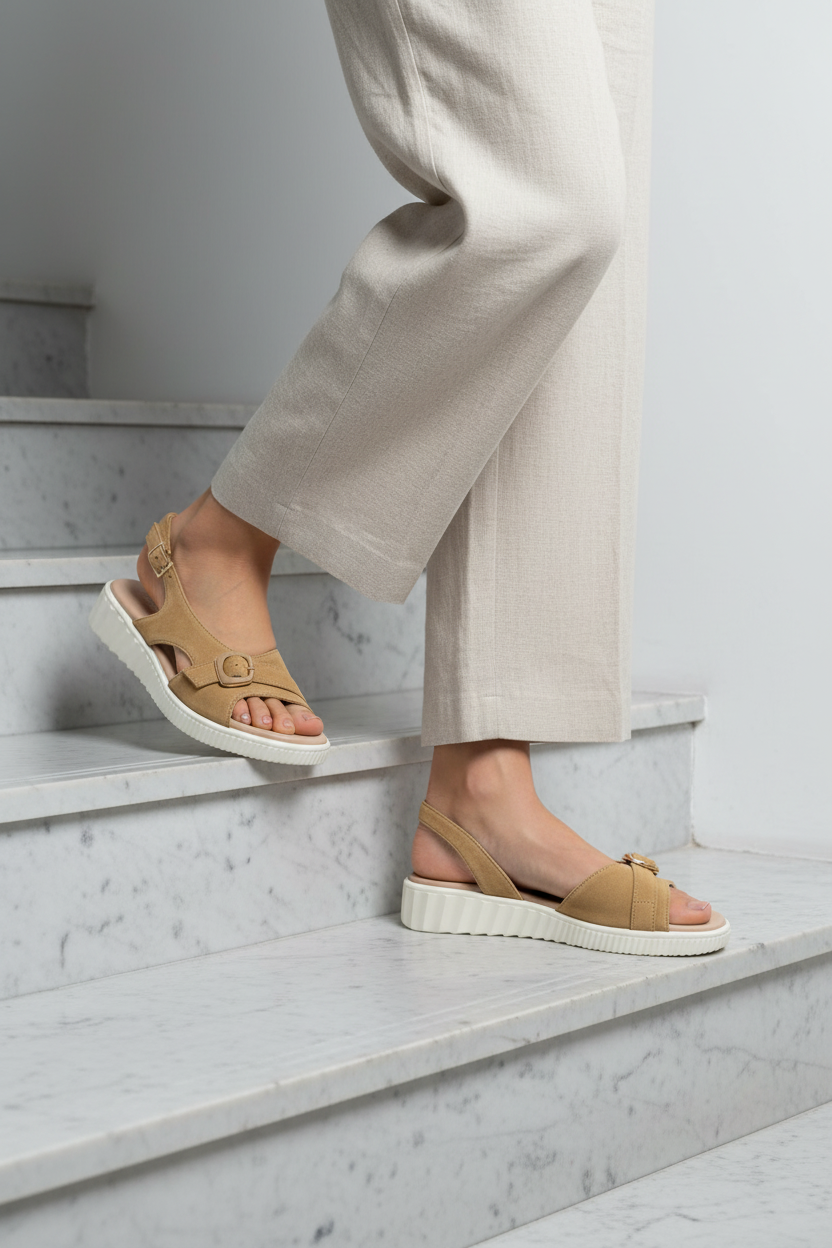 Sandalo in camoscio beige zeppa bassa 2