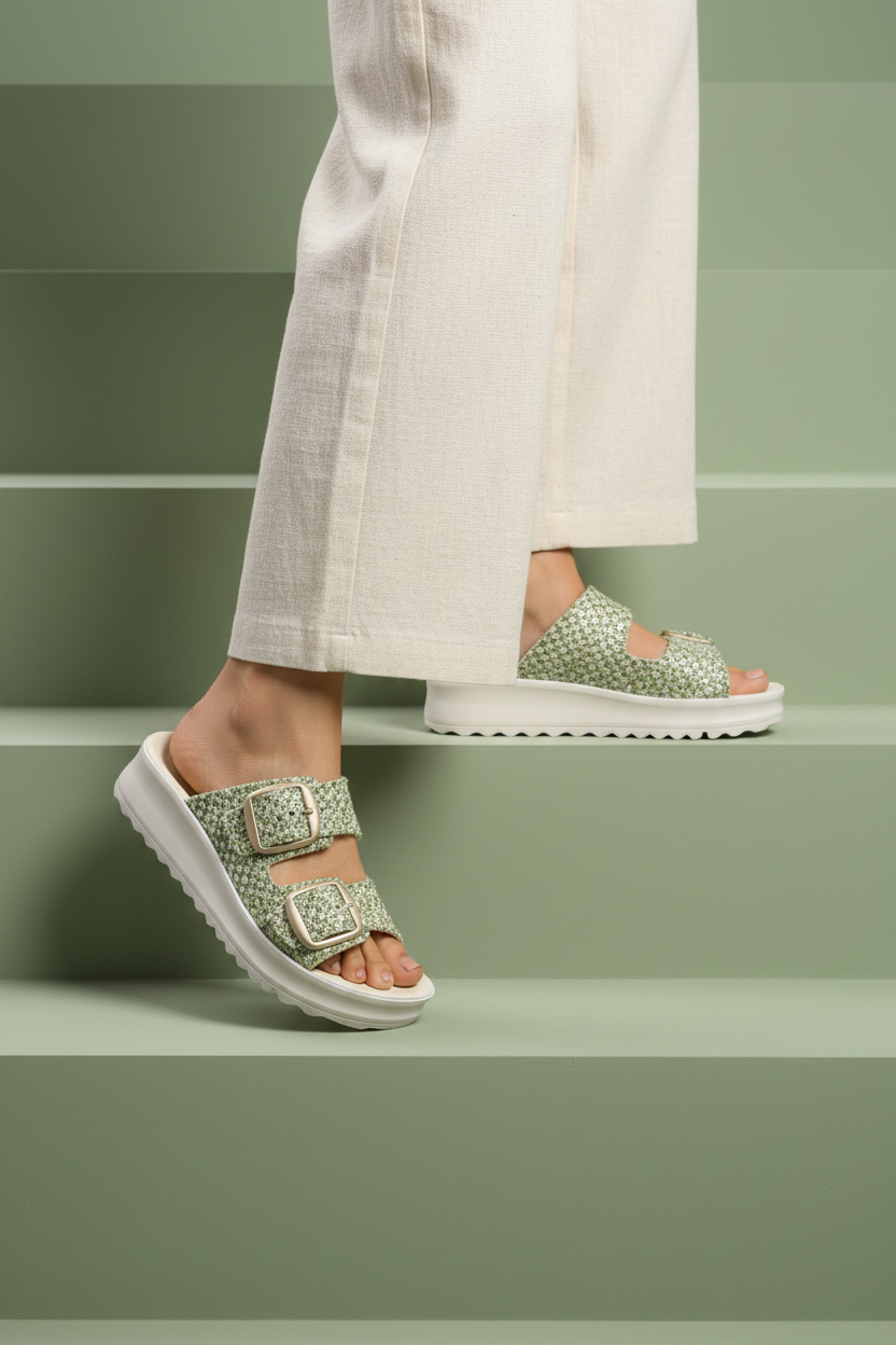 Sandalo scalzato in tessuto beige e verde doppia fascia regolabile 2