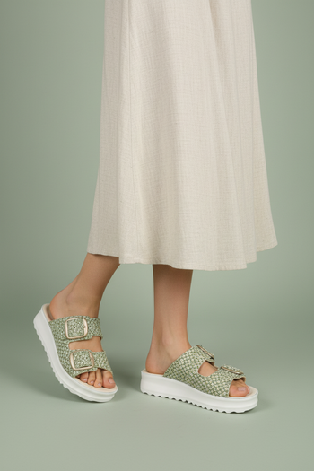 Sandalo scalzato in tessuto beige e verde doppia fascia regolabile - 3
