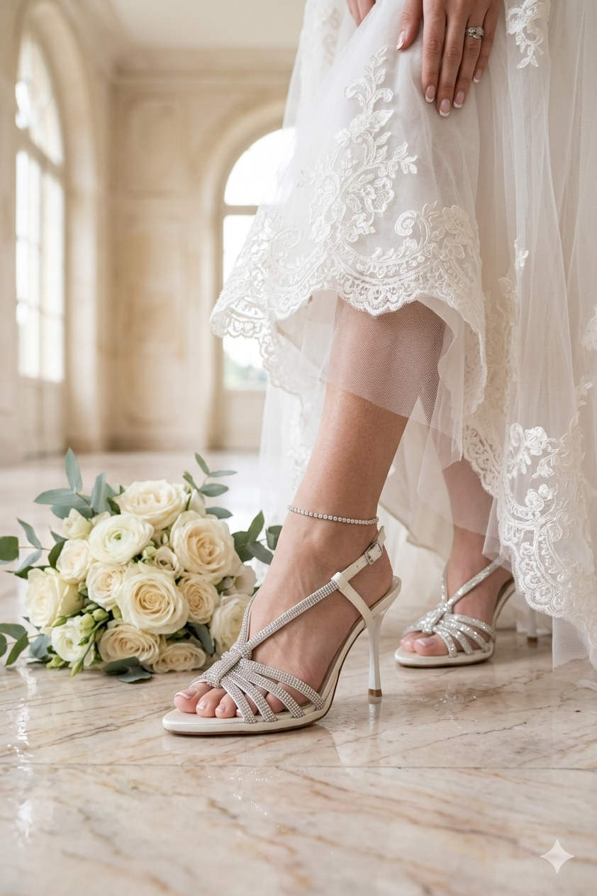 Sandalo sposa gioiello bianco seta con tacco sottile 2