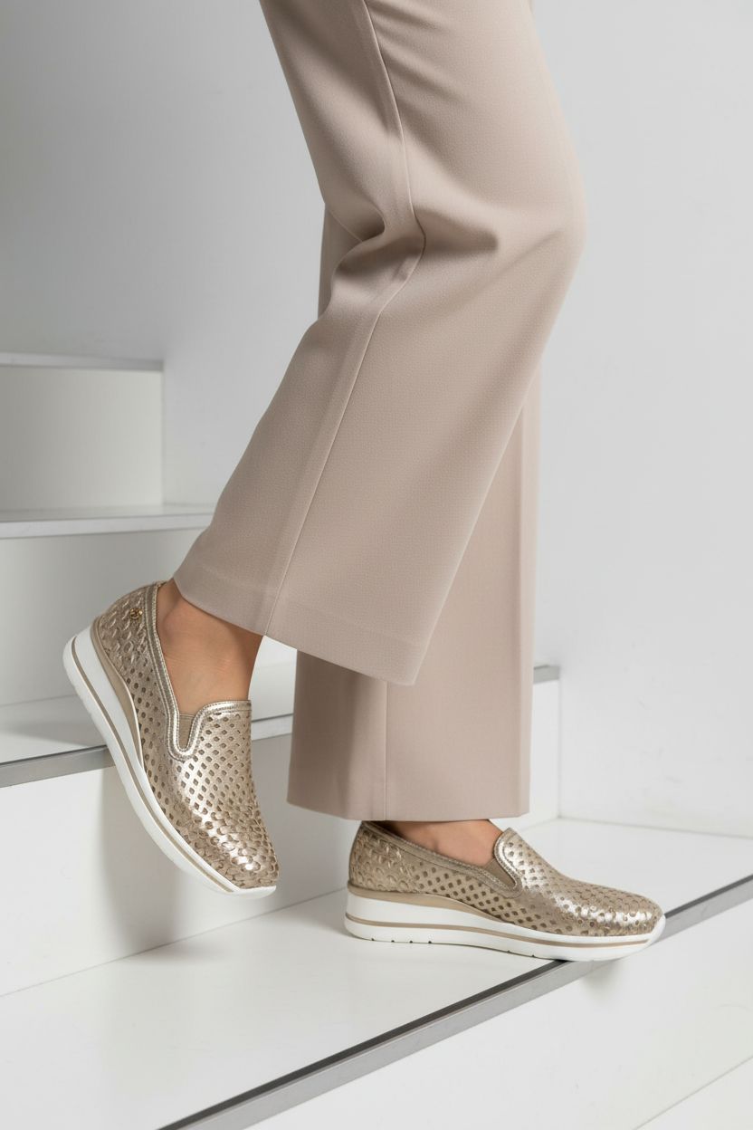 Slip on in pelle traforata oro e blu 2