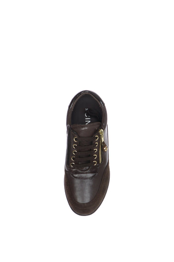Sneaker marrone con lacci e cerniera in pelle e camoscio plantare estraibile - 4
