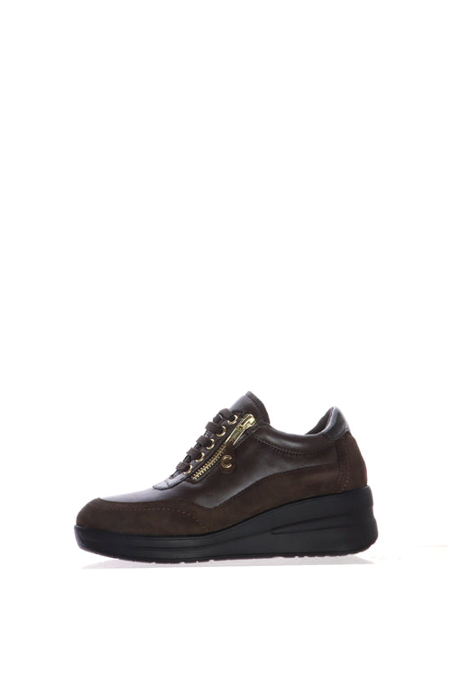 Sneaker marrone con lacci e cerniera in pelle e camoscio plantare estraibile - 1