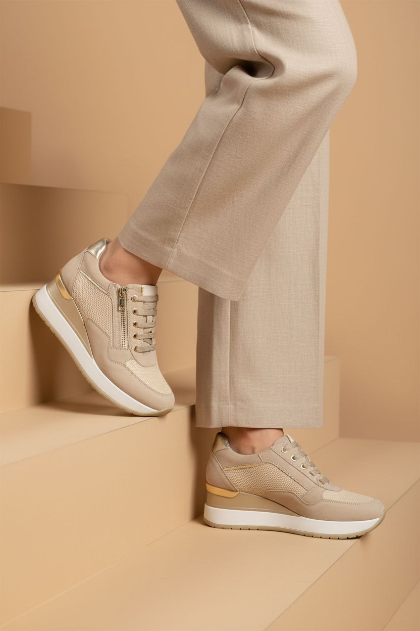 Sneakers in camoscio e tessuto beige con lacci e cerniera 2