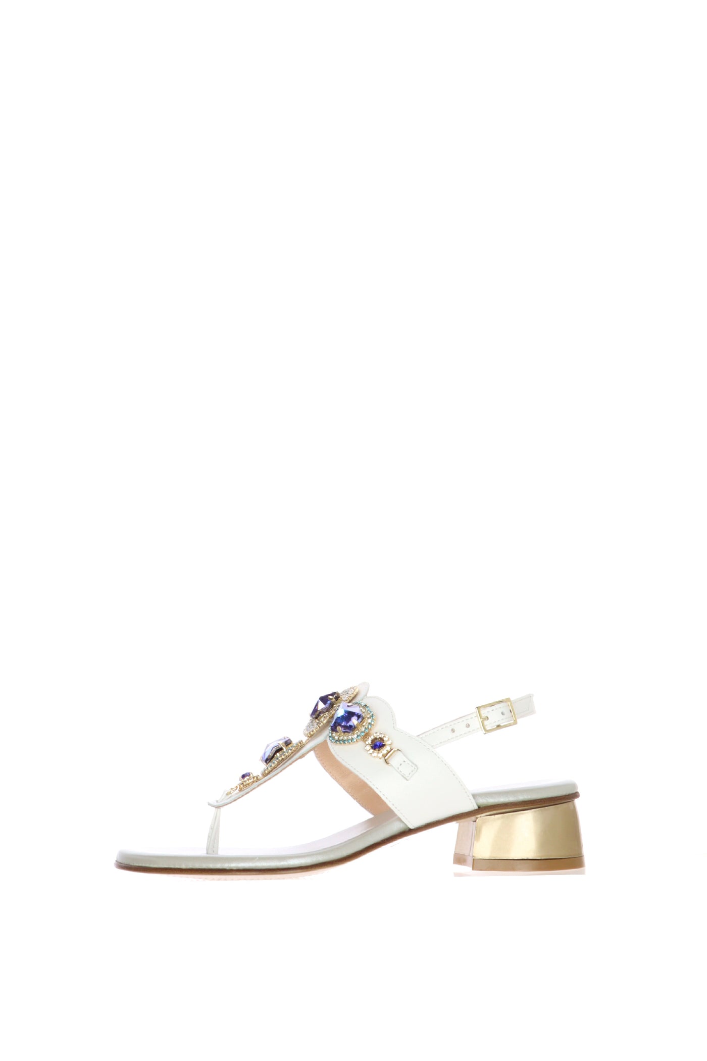 Infradito gioiello in pelle bianca con pietre azzurre