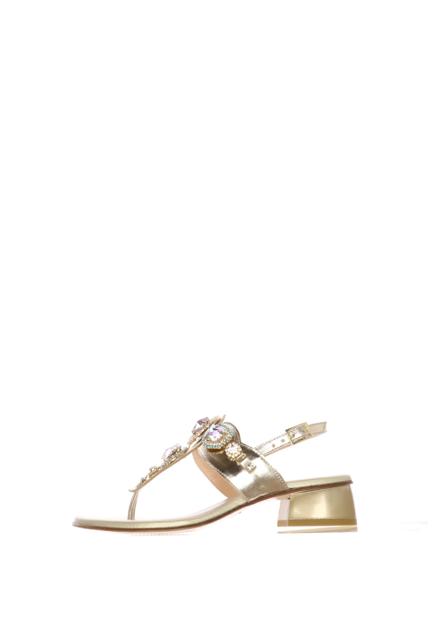 Infradito gioiello in pelle laminata platino con pietre lilla/azzurre