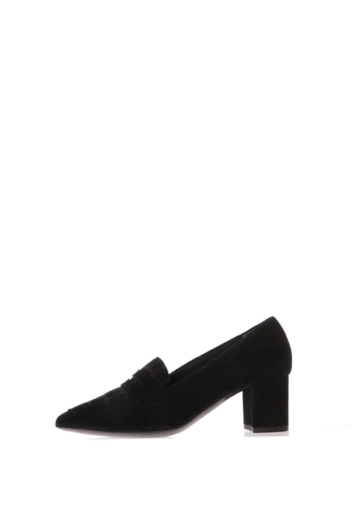 Mocassino casual con tacco in camoscio nero dettagli stampa cocco - 1