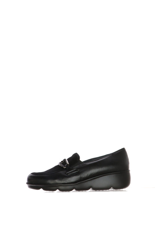 Mocassino in pelle dettagli camoscio  nero e marrone con zeppa bassa - 1