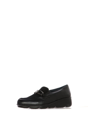 Mocassino in pelle dettagli camoscio  nero e marrone con zeppa bassa - 3