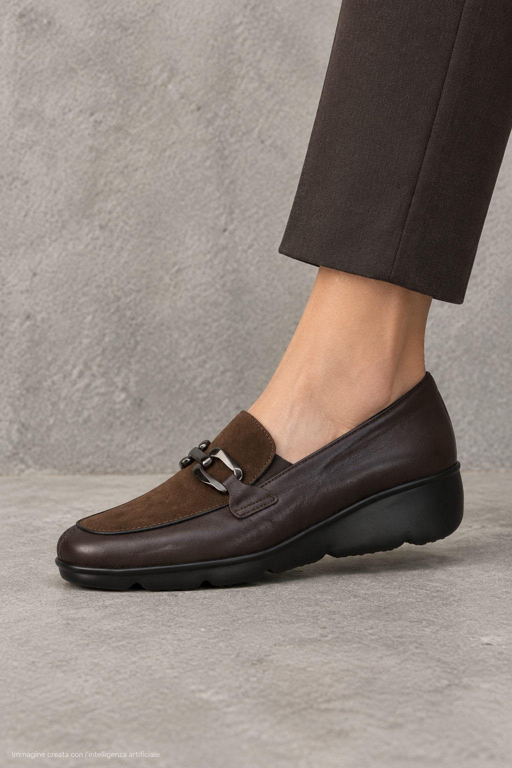 Mocassino in pelle dettagli camoscio  nero e marrone con zeppa bassa