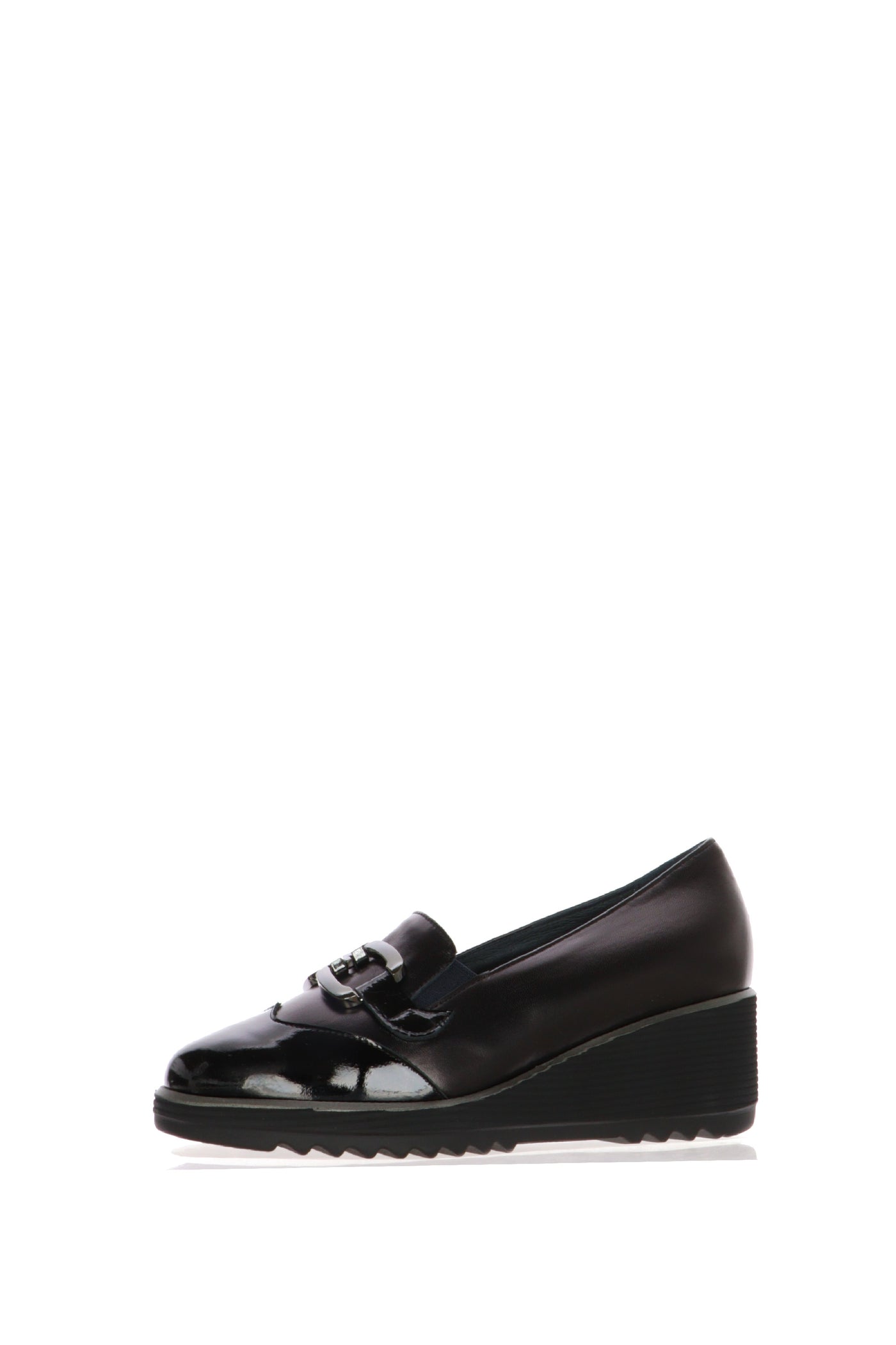 Mocassino in pelle e vernice nero con zeppa media Soffice Sogno 2