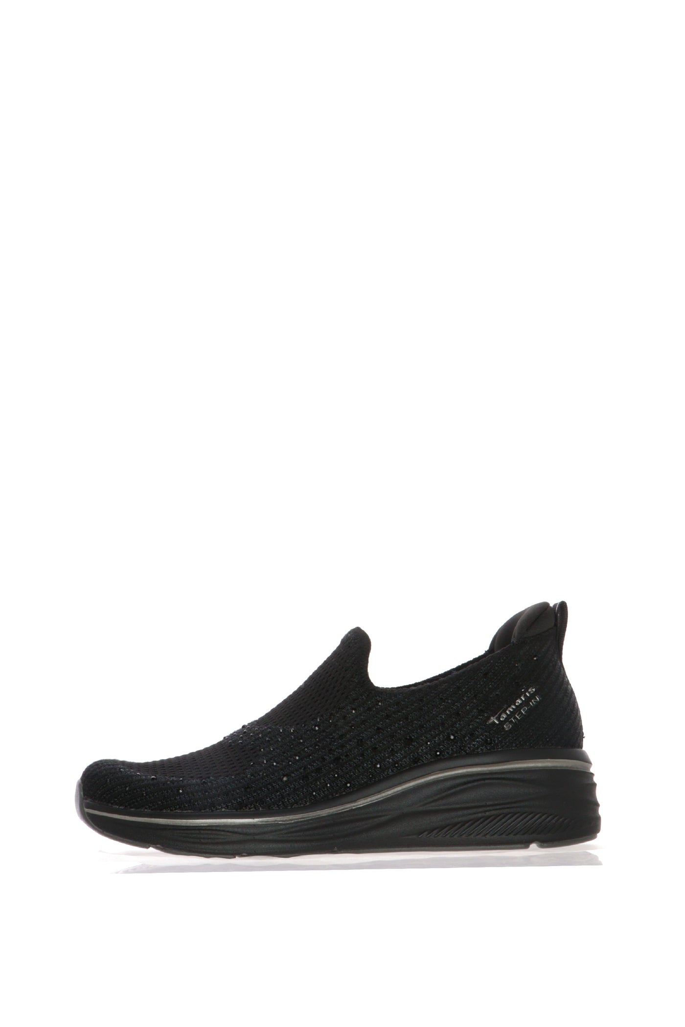 Mocassino nero e bianco in tessuto elastico con strass a colore Tamaris