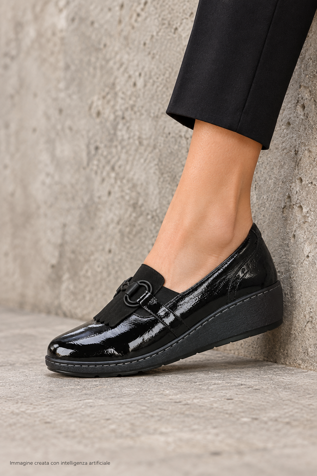 Mocassino nero in pelle lucida elasticizzata zeppa bassa