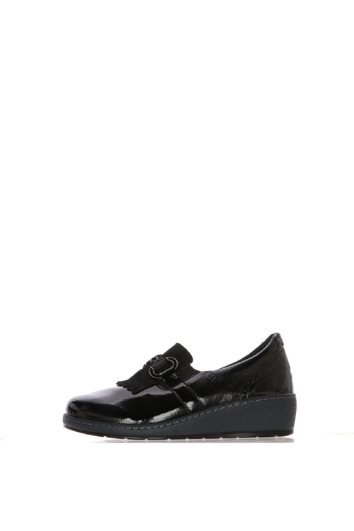 Mocassino nero in pelle lucida elasticizzata zeppa bassa - 1