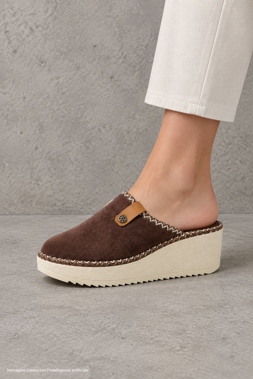 Pantofola Cinzia Soft marrone in panno con zeppa - 2