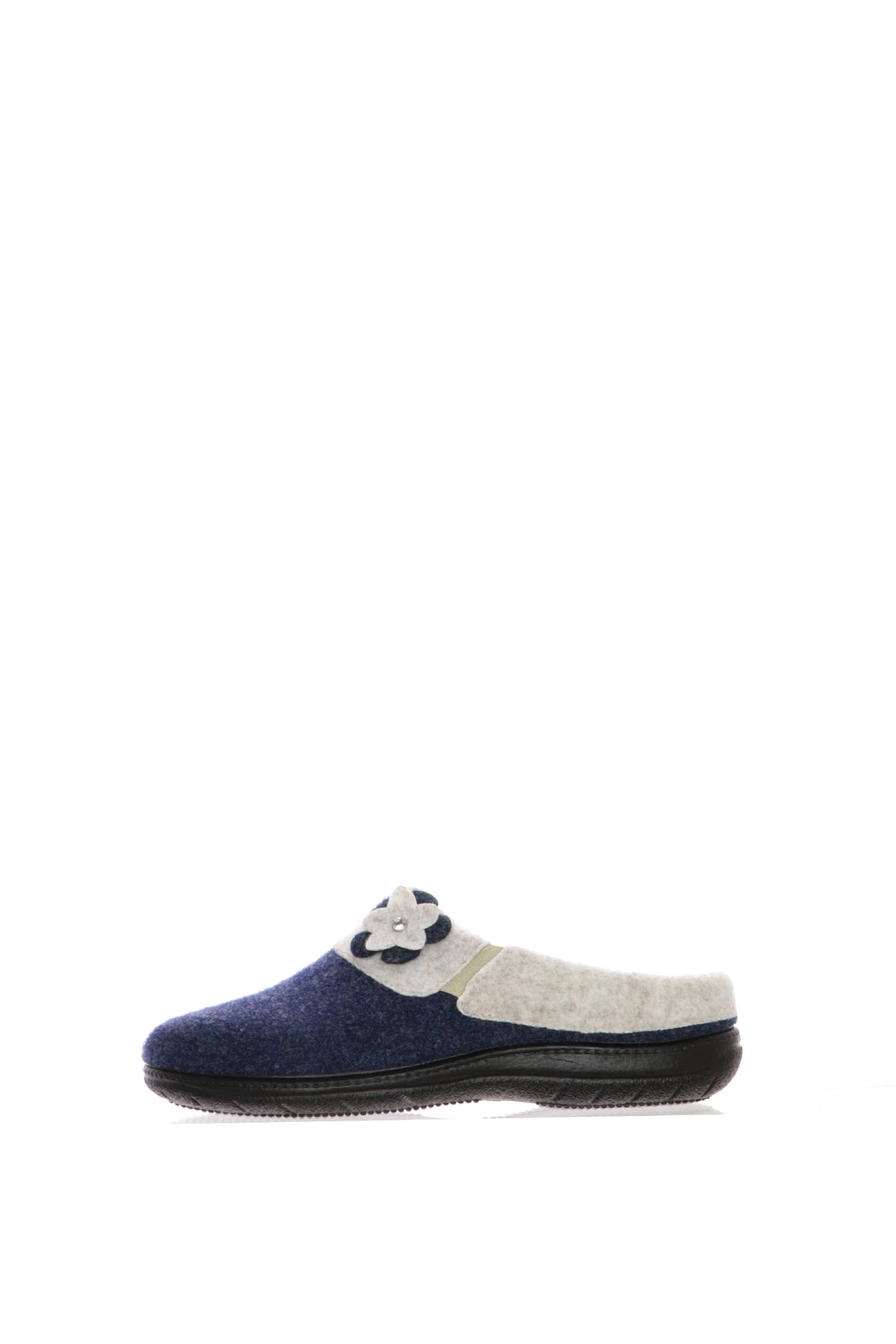 Pantofola Susimoda in feltro blu e beige con applicazione floreale 2