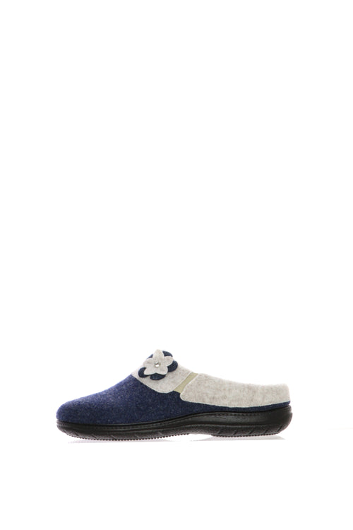 Pantofola Susimoda in feltro blu e beige con applicazione floreale - 2