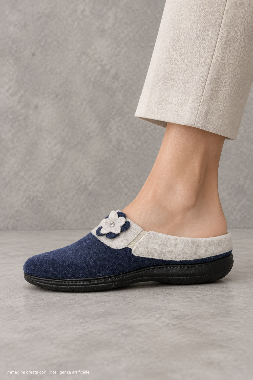 Pantofola Susimoda in feltro blu e beige con applicazione floreale