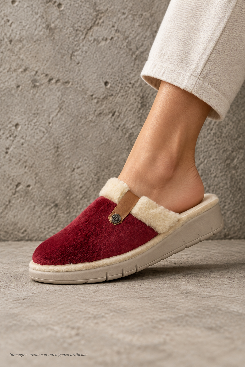 Pantofola bordeaux e camel con pelliccia con zeppa 2