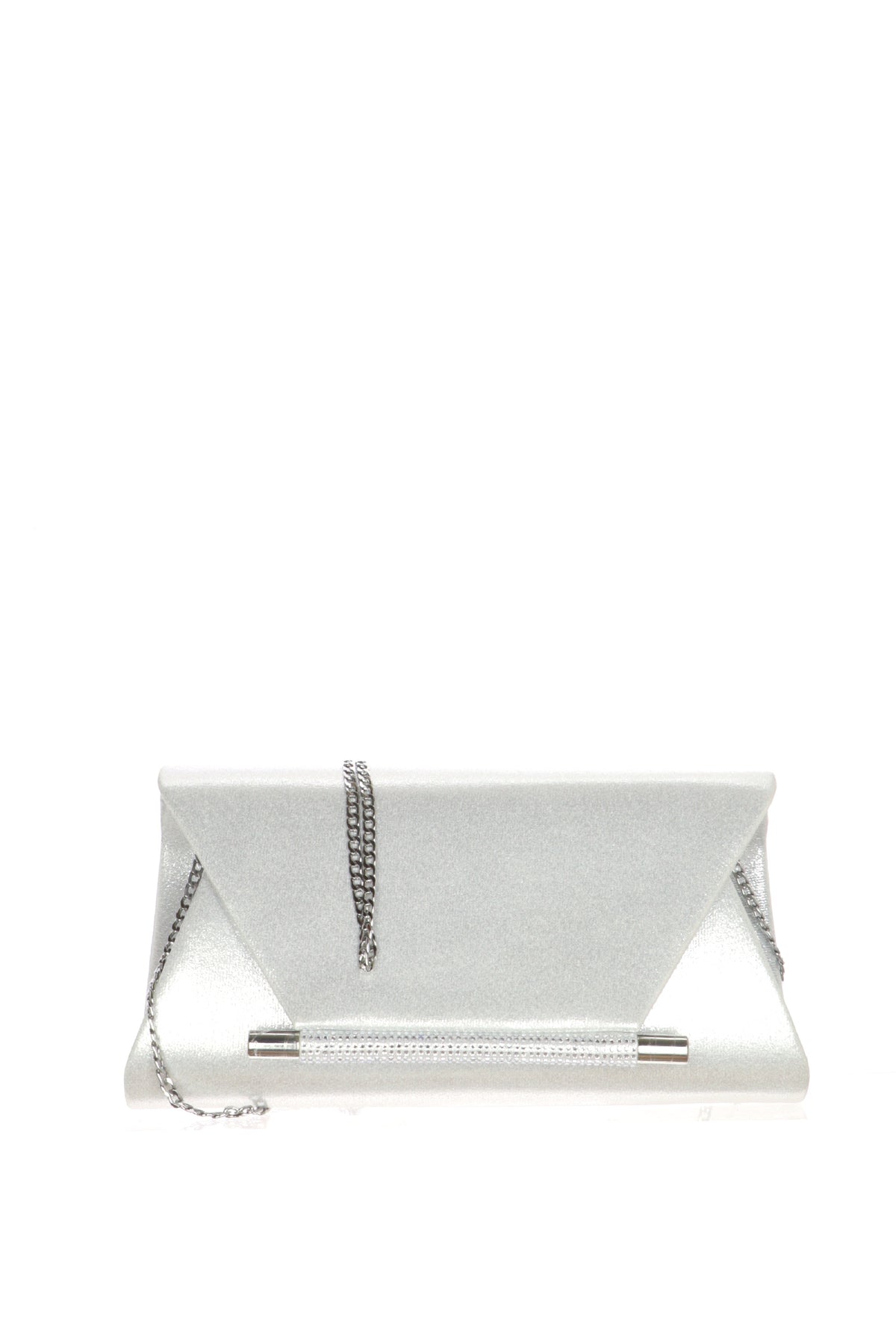 Pochette rigida in tessuto laminato platino e argento dettaglio luminoso