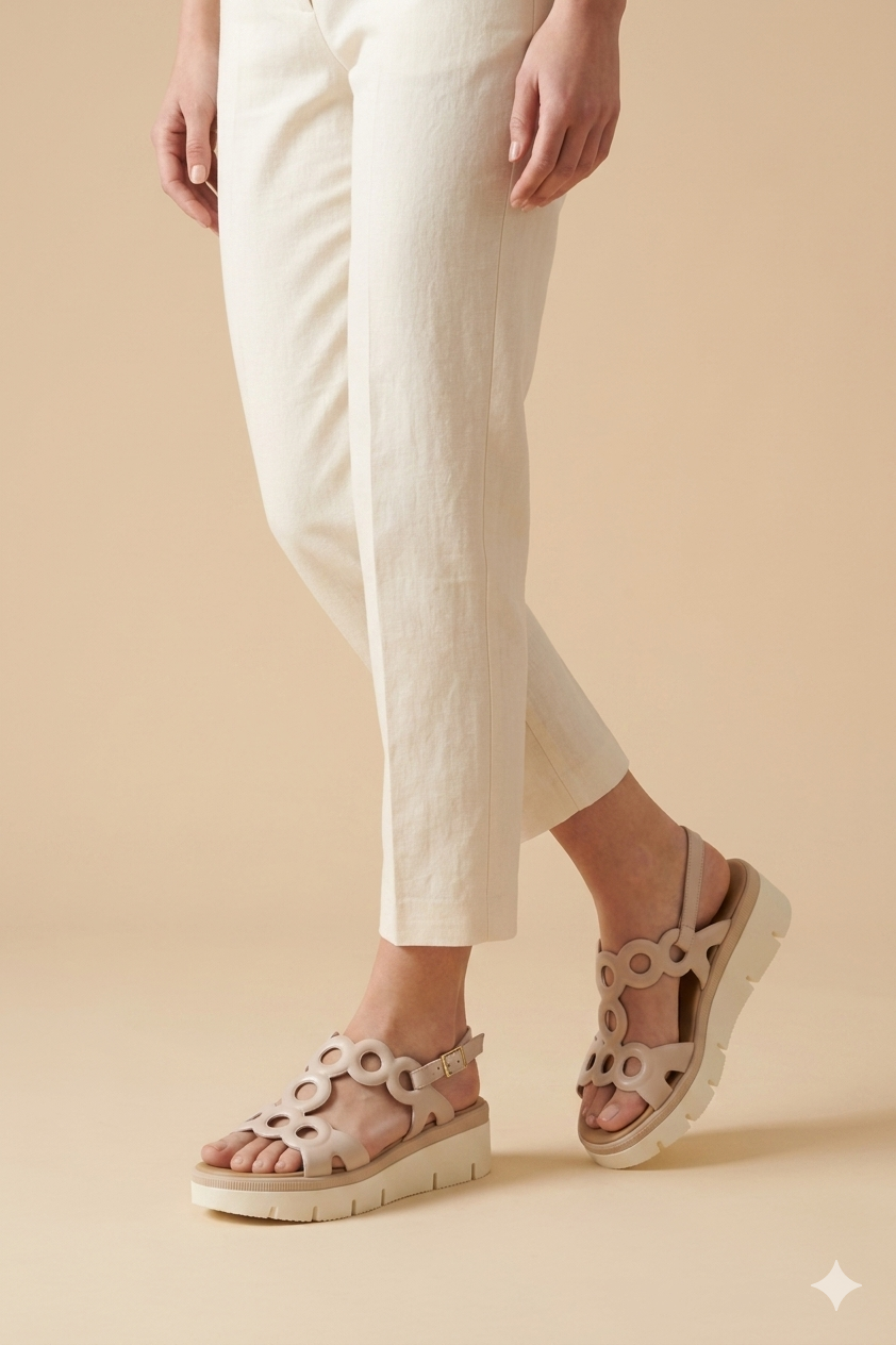 Sandalo con zeppa in pelle beige traforata e intrecciata 2