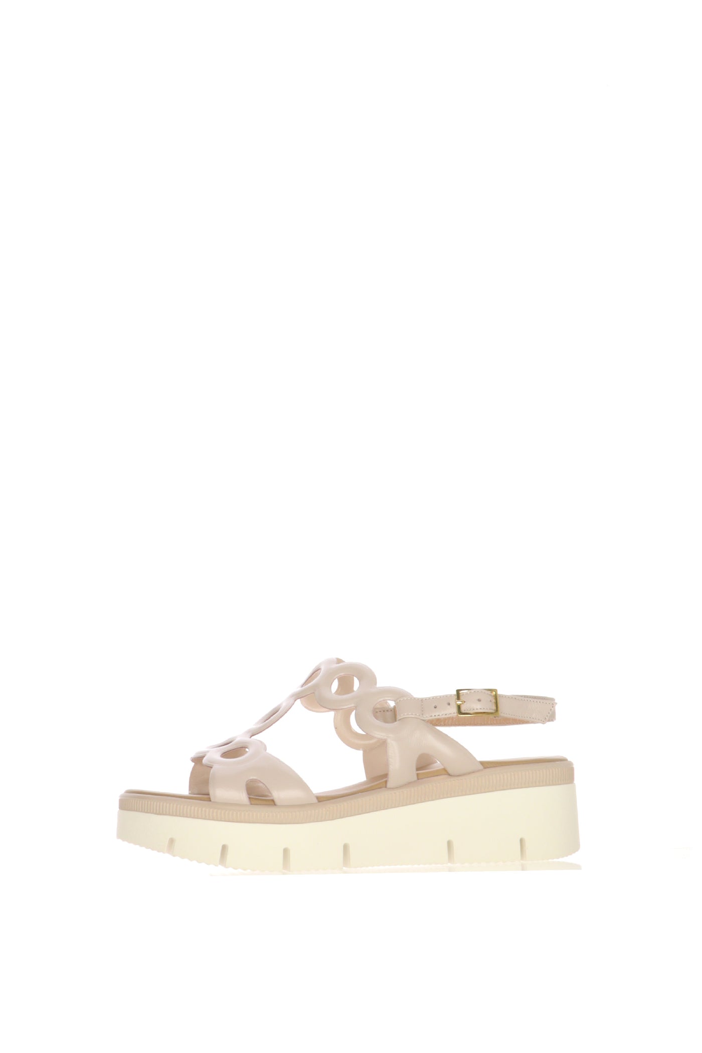 Sandalo con zeppa in pelle beige traforata e intrecciata