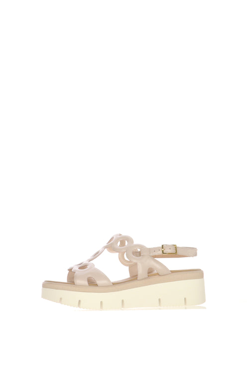 Sandalo con zeppa in pelle beige traforata e intrecciata - 1