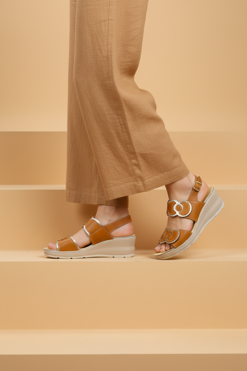 Sandalo cuoio e beige  due fasce regolabile con plantare estraibile 2