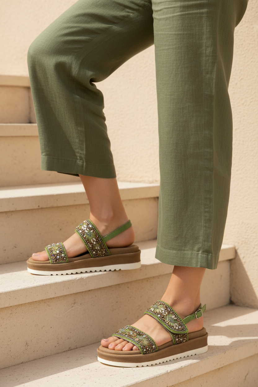 Sandalo etnico verde e taupe due fasce regolabili Cinzia Soft 2
