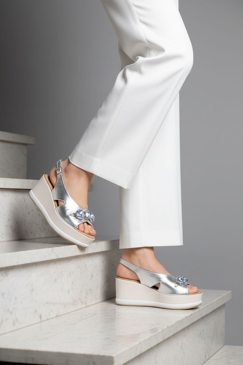 Sandalo in pelle laminata argento e  platino con gioiello 2