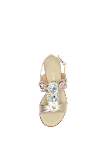 Sandalo in pelle laminata platino e nappa bianco con pietre lilla - 9