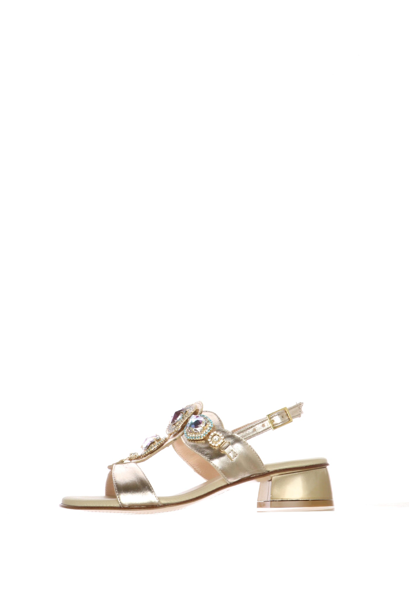 Sandalo in pelle laminata platino e nappa bianco con pietre lilla