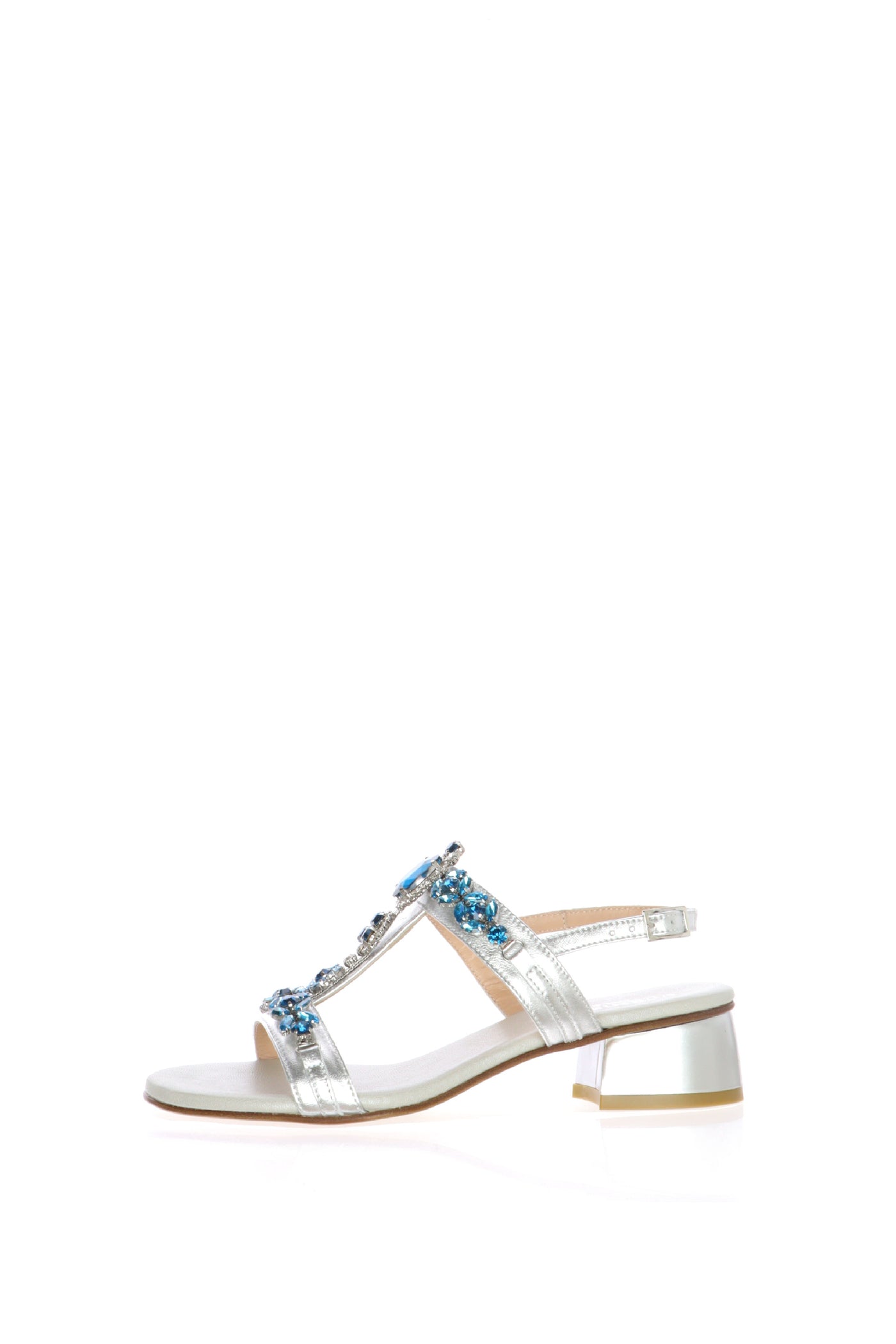Sandalo in pelle laminato platino e argento con dettagli gioiello Soffice Sogno