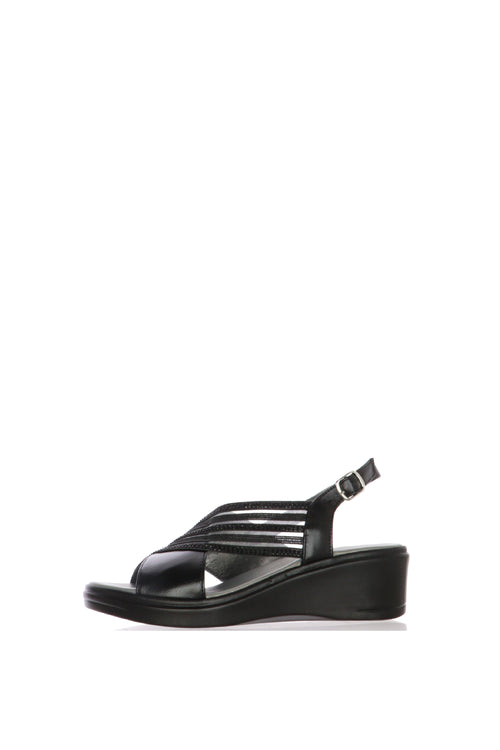 Sandalo in pelle nera blu argento con fascia trasversale elastica - 1