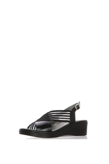 Sandalo in pelle nera blu argento con fascia trasversale elastica - 4
