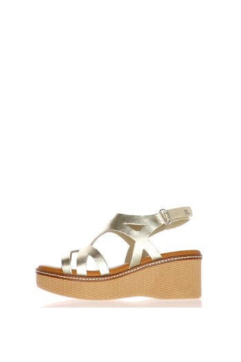 Sandalo in pelle sportivo beige e oro con zeppa media Dorking - 5