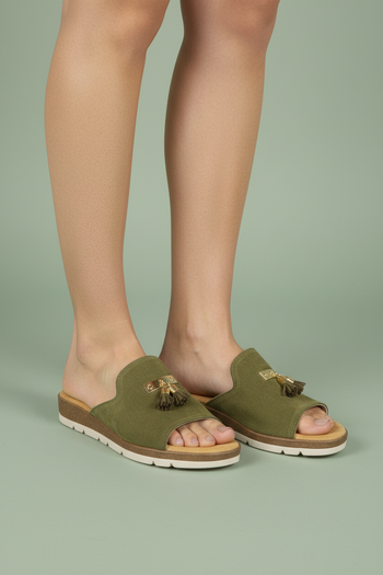 Sandalo scalzato fascione verde e beige zeppa bassa - 3