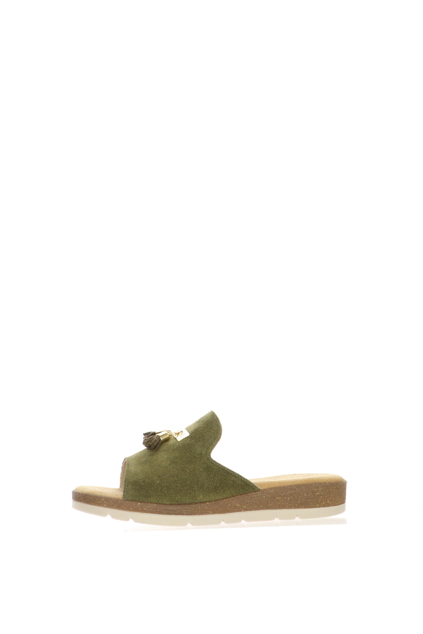 Sandalo scalzato fascione verde e beige zeppa bassa