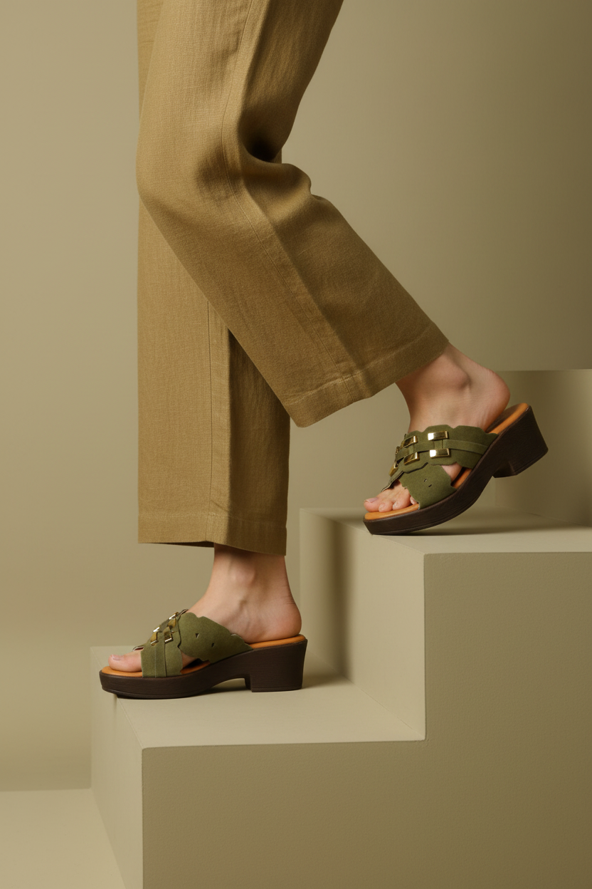 Sandalo scalzato incrociato in camoscio verde e beige con tacco 2