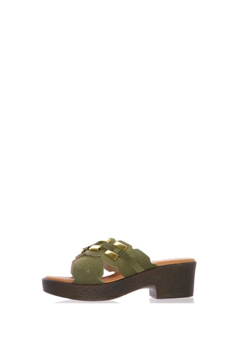Sandalo scalzato incrociato in camoscio verde e beige con tacco - 4