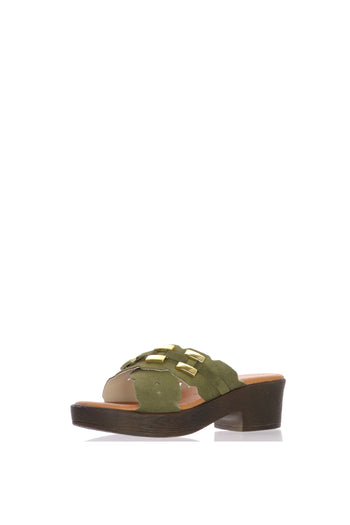 Sandalo scalzato incrociato in camoscio verde e beige con tacco - 6
