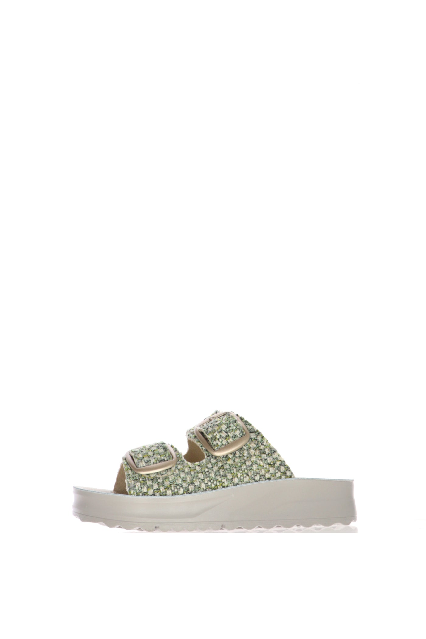 Sandalo scalzato in tessuto beige e verde doppia fascia regolabile